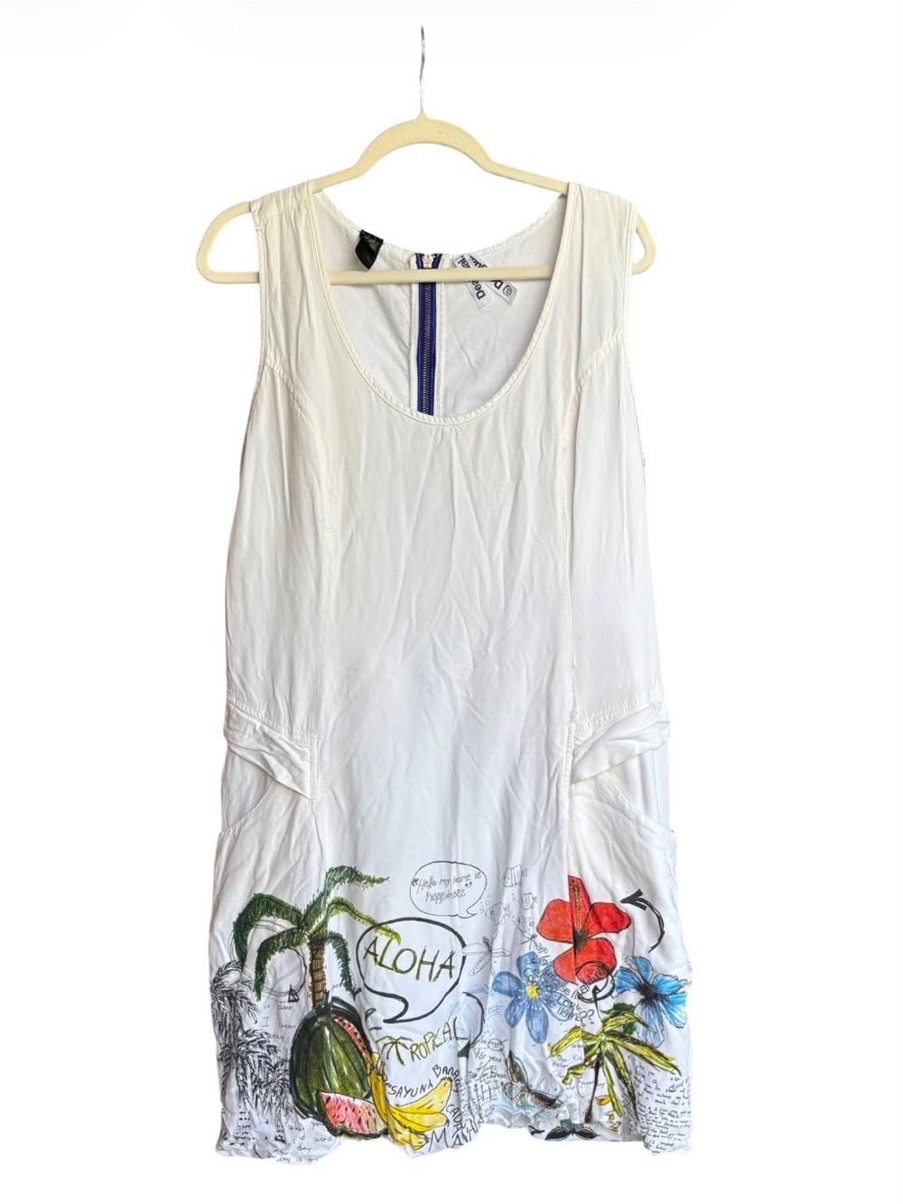Desigual Womens Size 46 White Tropical Aloha Graphic Print Sleeveless Dress